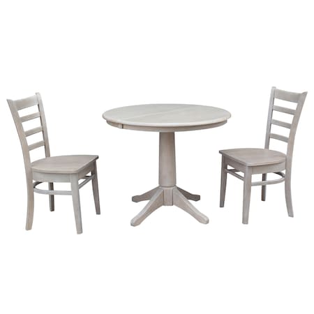 International Concepts Round 36 in Rd Extension Dining Table, 2 Emily Chairs, Washed Gray Taupe, 36 in W, 48 in L, Wood K09-36RXT-27B-C617-2